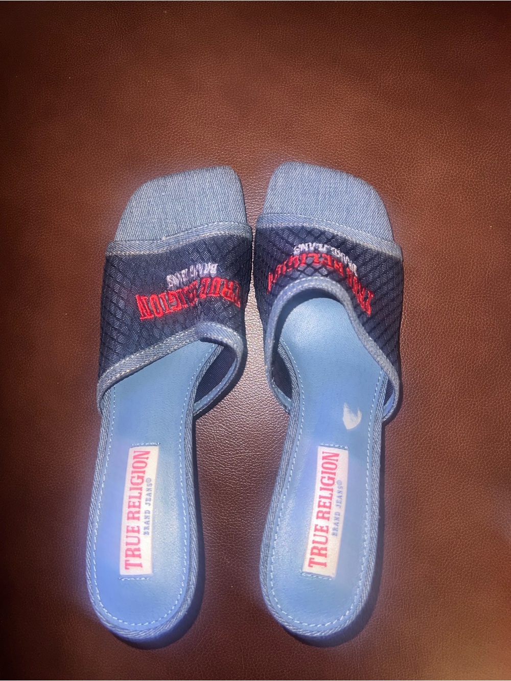 True Religion Denim Slide Mules in Light Blue and Navy with Red Logo